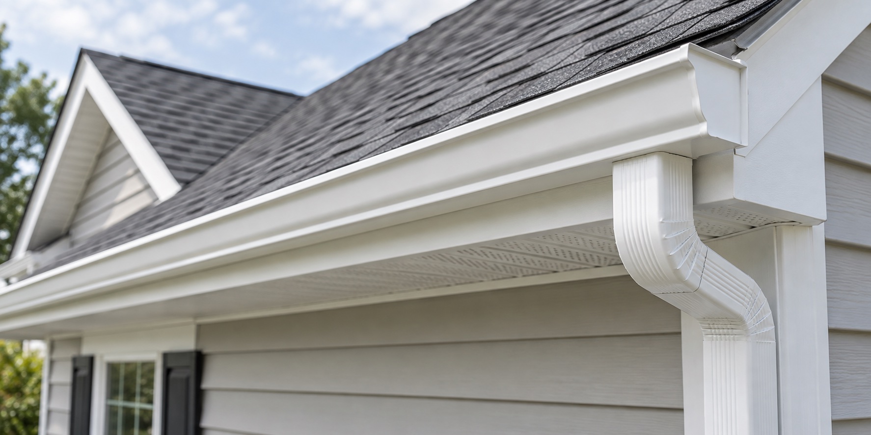 Traditional white 5-inch K-style metal gutter on a residential roof